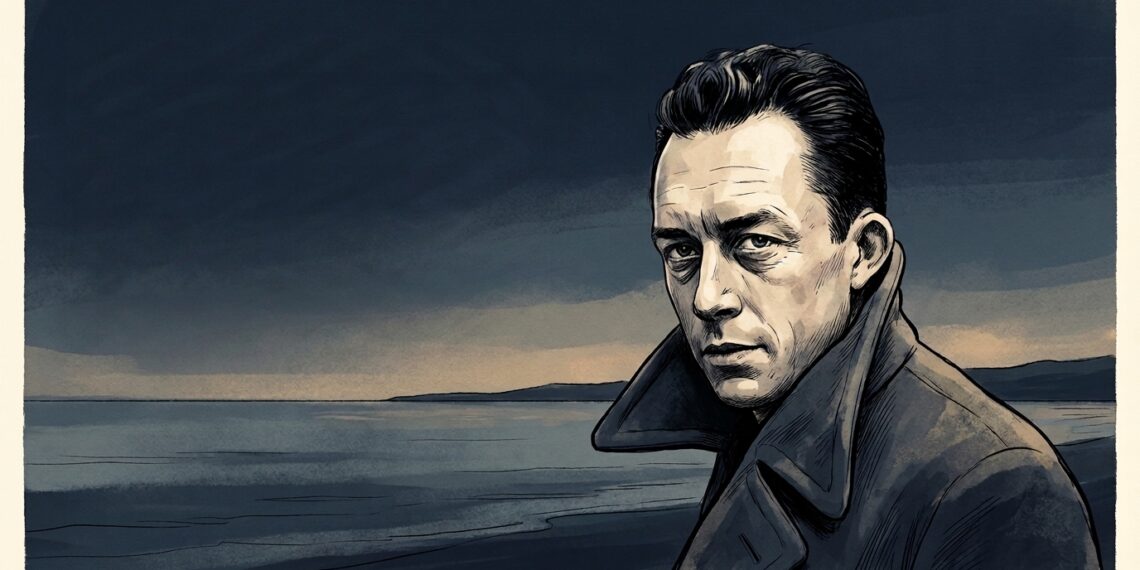 Ilustração editorial de Albert Camus com sobretudo de gola levantada e olhar reflexivo sobre fundo em tons de azul-marinho