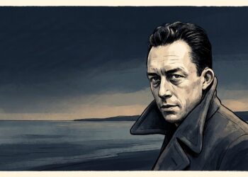 Ilustração editorial de Albert Camus com sobretudo de gola levantada e olhar reflexivo sobre fundo em tons de azul-marinho