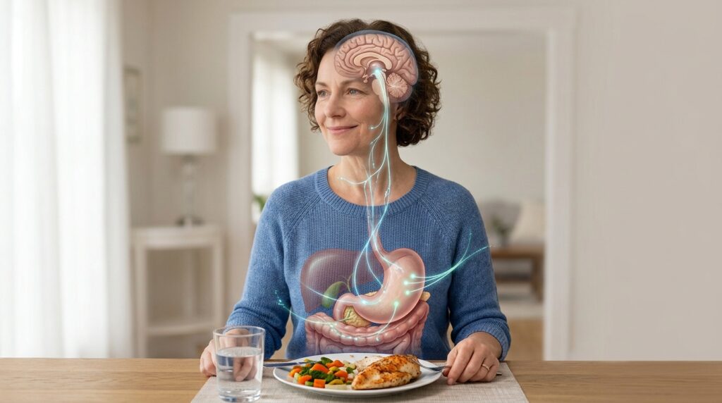 Representação mostra a comunicação entre sistema digestivo, pâncreas e cérebro após uma refeição.