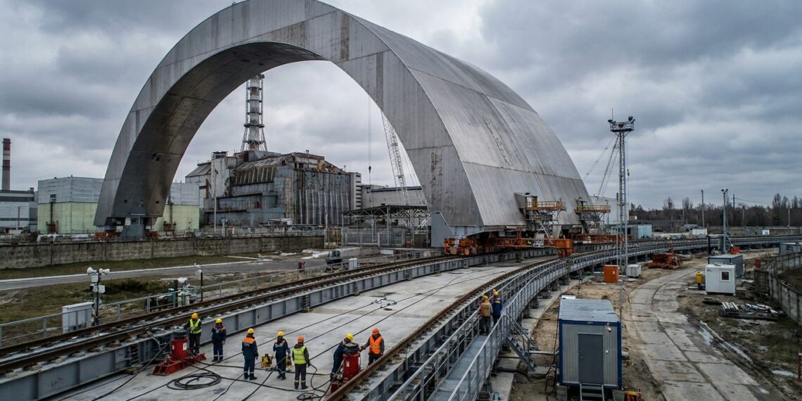 Arco de 36 mil toneladas é deslocado inteiro em direção ao reator de Chernobyl.