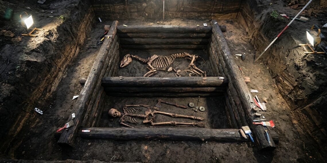 Escavação arqueológica expondo câmara funerária de madeira do século X com ossadas de guerreiro, cavalo e balança de precisão sob solo escuro.