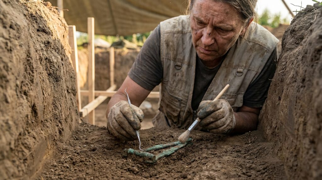 Arqueólogo usando pincel de cerdas finas para limpar balança medieval de bronze em trincheira de escavação.