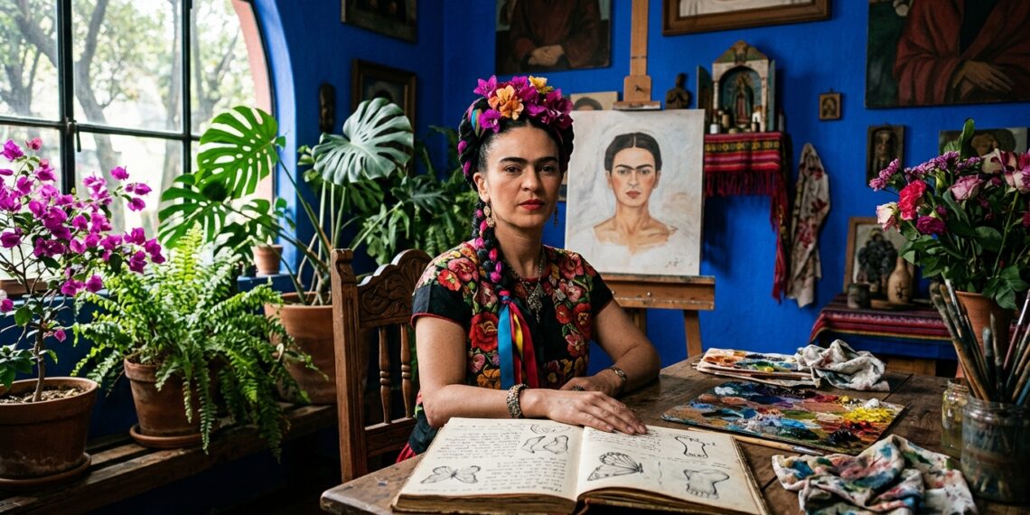 Pintora com traje tradicional mexicano sentada em ateliê com paredes azuis, segurando pincel diante de cavalete com esboço de asas.