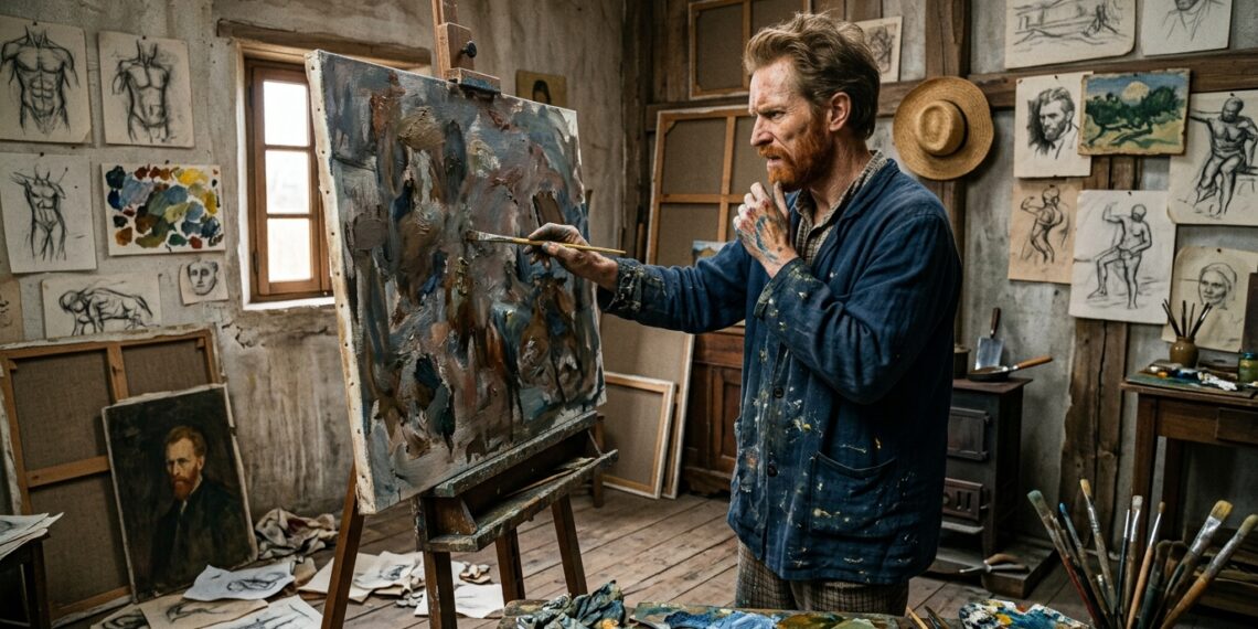 Vincent van Gogh trabalha diante de uma tela inacabada cercado por estudos e tentativas.
