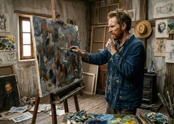 Vincent van Gogh trabalha diante de uma tela inacabada cercado por estudos e tentativas.