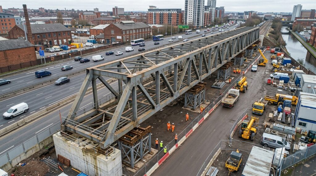 Ponte metálica é montada ao lado da rodovia antes da movimentação.