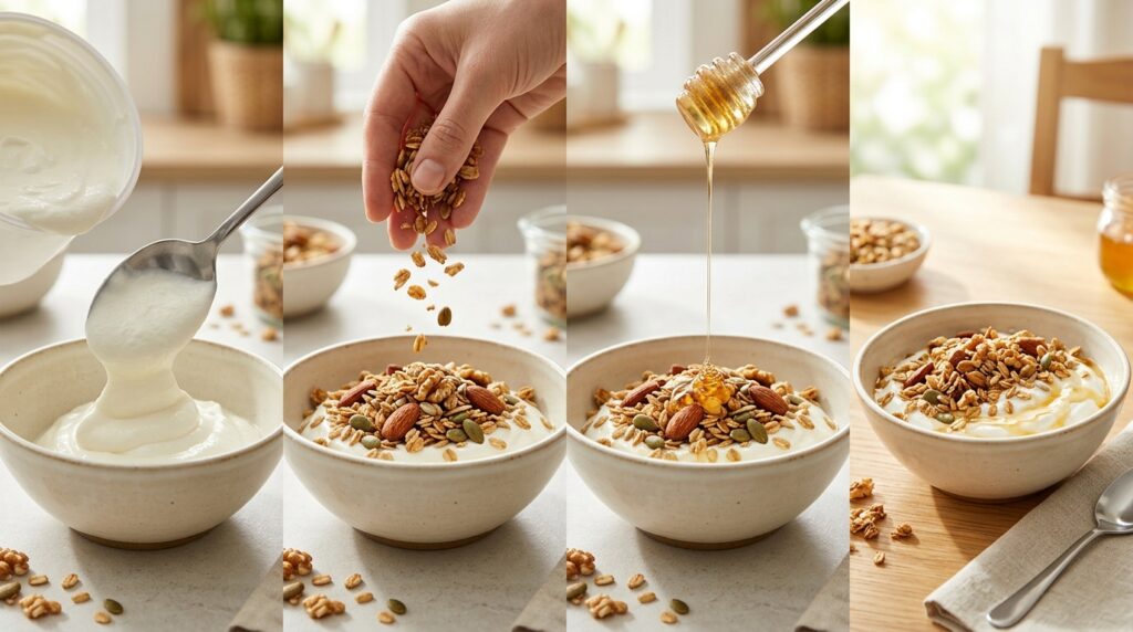 Sequência mostra a montagem de uma tigela de iogurte grego com granola caseira e mel.