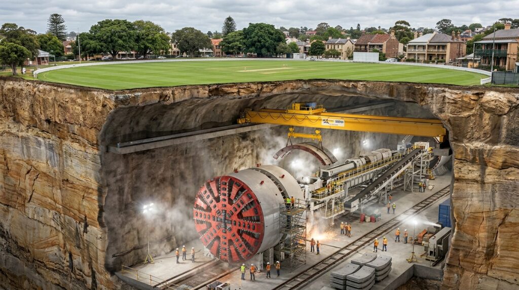 Tuneladora gigante é montada em caverna profunda sob um campo em Sydney.