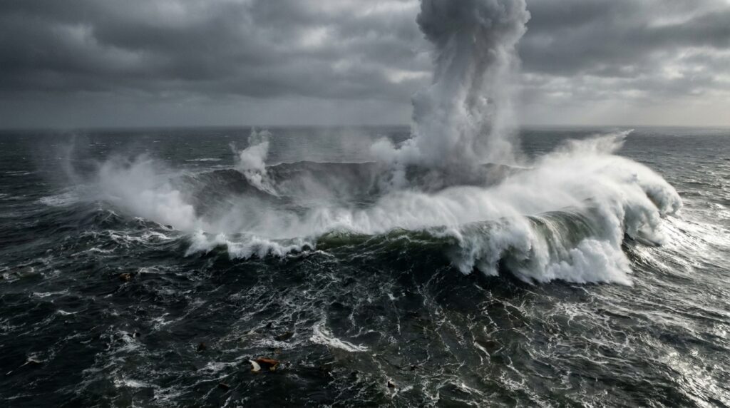 Megatsunami com mais de 100 metros de altura se propagando após o impacto de um asteroide no leito do Mar do Norte.