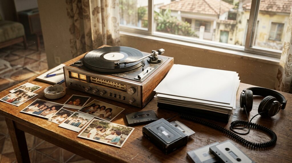 Audio_equipment_on_wooden_table_20260915113820-1024x572 A psicologia indica que pessoas nascidas na década de 1960 podem sentir uma ligação especialmente forte com músicas dos anos 1970 e 1980 e não é apenas nostalgia