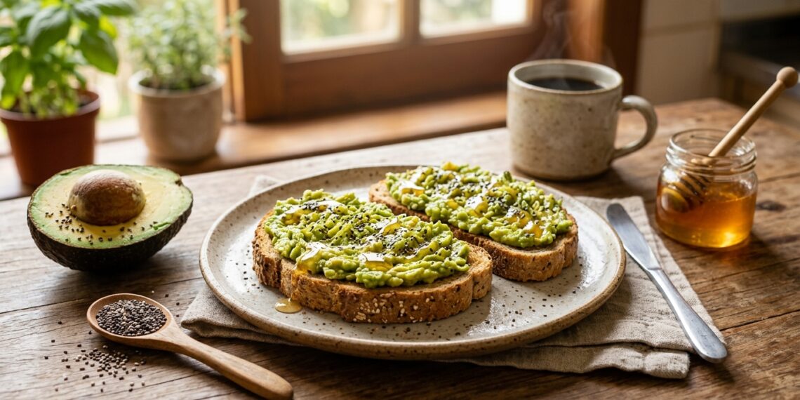 Torradas integrais com abacate amassado, sementes de chia e um fio de mel.