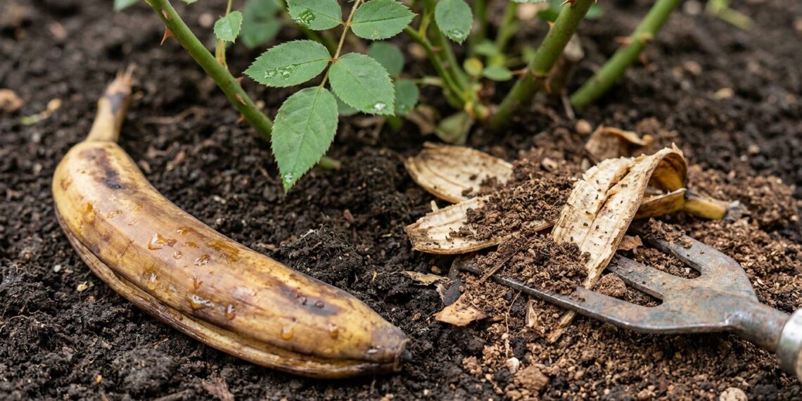 Casca de banana inteira e casca seca triturada aparecem ao lado do solo.