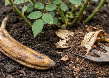 Casca de banana inteira e casca seca triturada aparecem ao lado do solo.