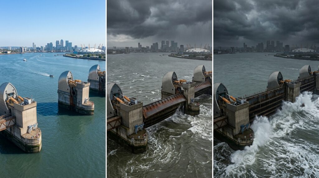 Três imagens em sequência exibindo comportas abertas em maré normal, descendo sob alerta meteorológico e totalmente vedadas bloqueando as ondas