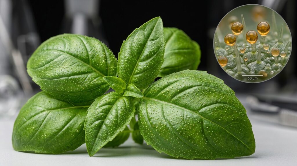 Detalhe ampliado de folhas de manjericão e das estruturas glandulares associadas à produção de compostos aromáticos.