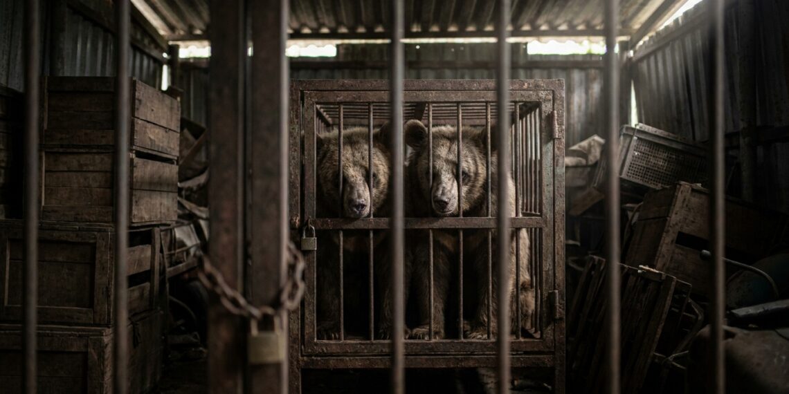 Urso-lua com pelagem preta e mancha clara em formato de crescente no peito olhando por trás de grades de ferro em um cômodo escuro no Vietnã.