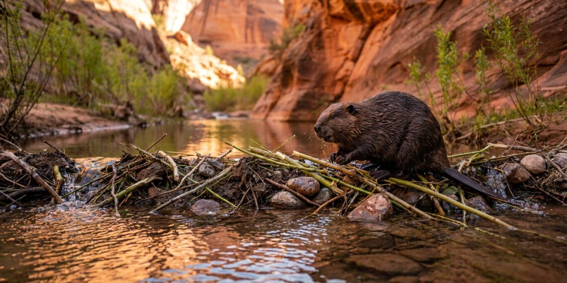 Castor-americano sobre represa de galhos e lama em riacho cercado por cânions áridos de Utah