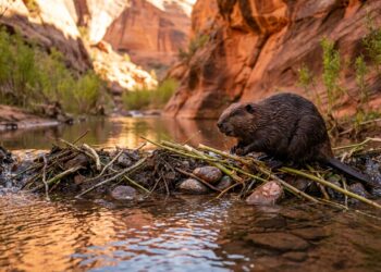 Castor-americano sobre represa de galhos e lama em riacho cercado por cânions áridos de Utah