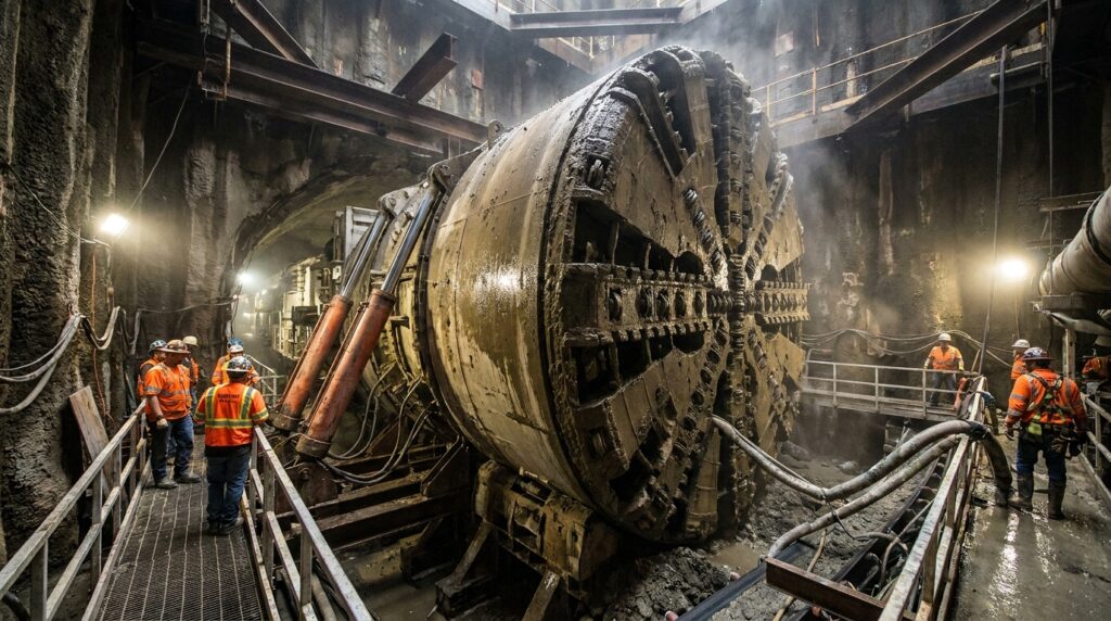 Corte mostra Bertha escavando enquanto segmentos de concreto formam o túnel.