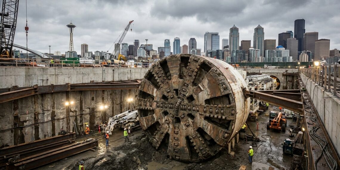 Trabalhadores aparecem ao lado da enorme tuneladora Bertha sob Seattle.