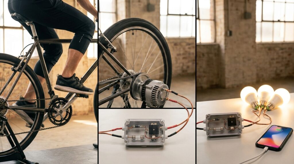 Pedalar uma bicicleta pode gerar até 100 W úteis de eletricidade, o suficiente para acender lâmpadas LED e carregar um celular