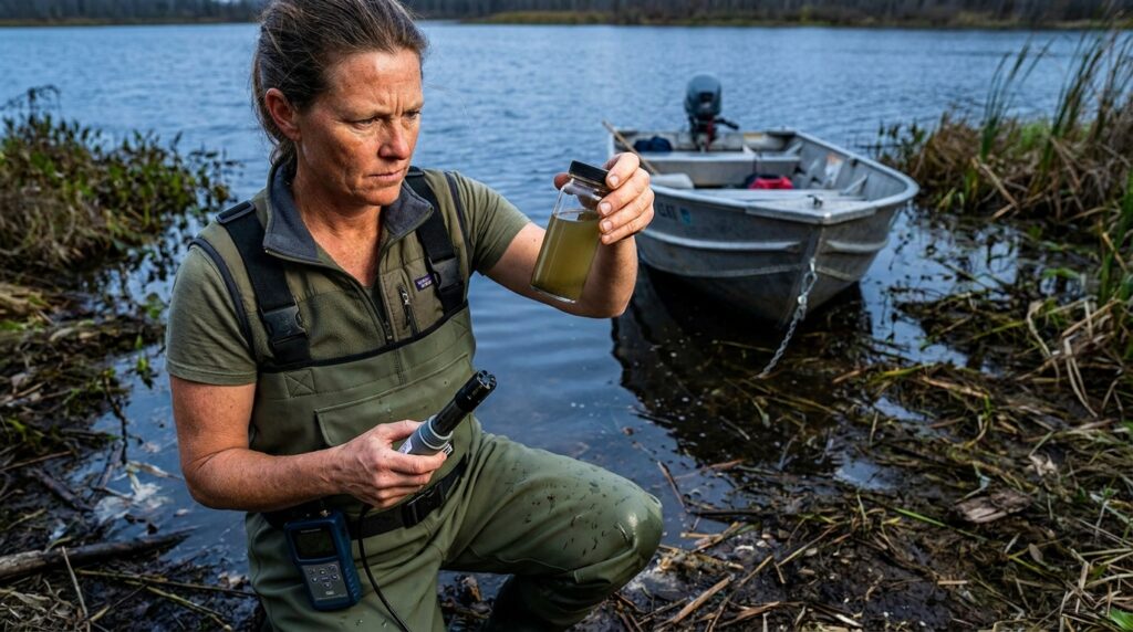 Pesquisador com botas de vau segurando medidor de turbidez e frasco de água na margem de um lago.