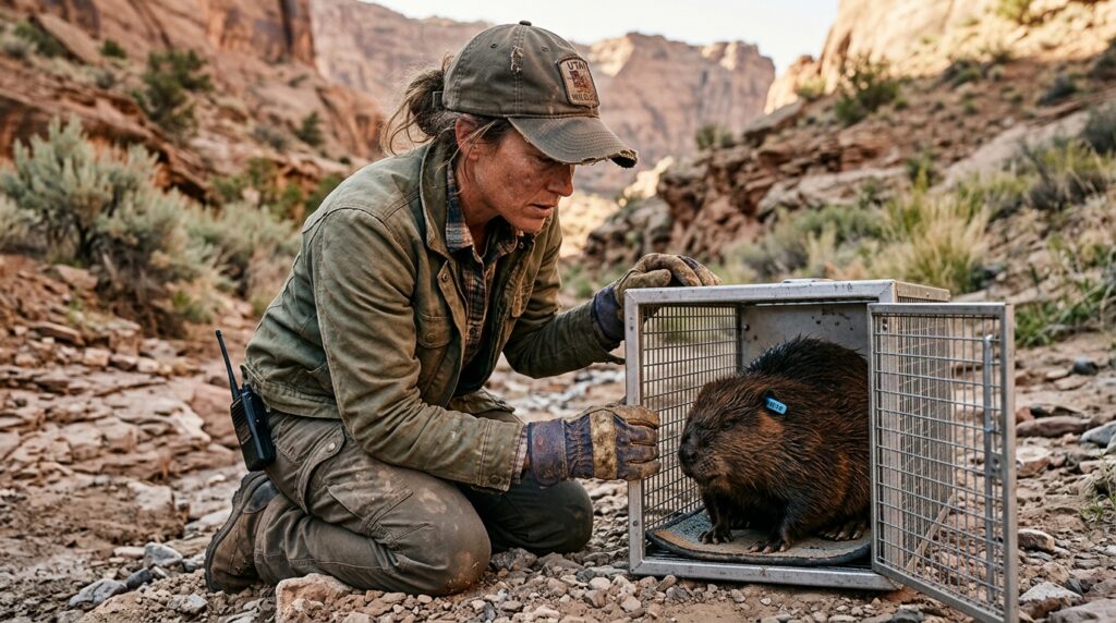 Biólogo com luvas de campo examina castor em caixa de transporte antes da soltura em cânion árido