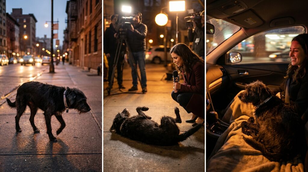 Composição em três quadros mostrando o cão na rua à noite, interagindo com o repórter ao vivo e acolhido no carro com a tutora