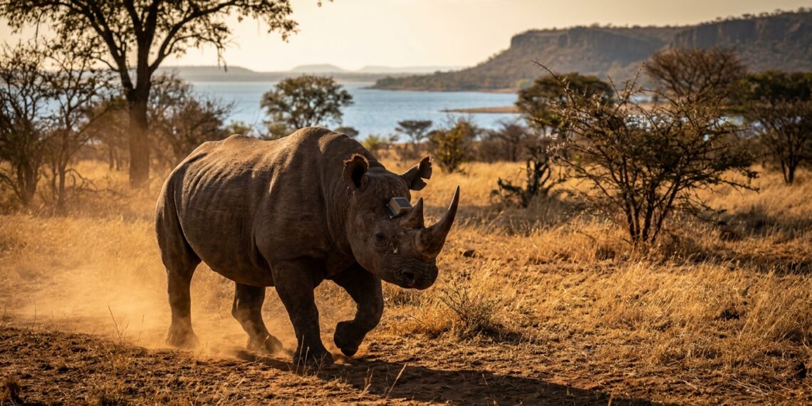 Rinoceronte-negro com pequeno transmissor via satélite no corno caminhando pela savana às margens do Lago Kariba.