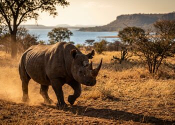 Rinoceronte-negro com pequeno transmissor via satélite no corno caminhando pela savana às margens do Lago Kariba.