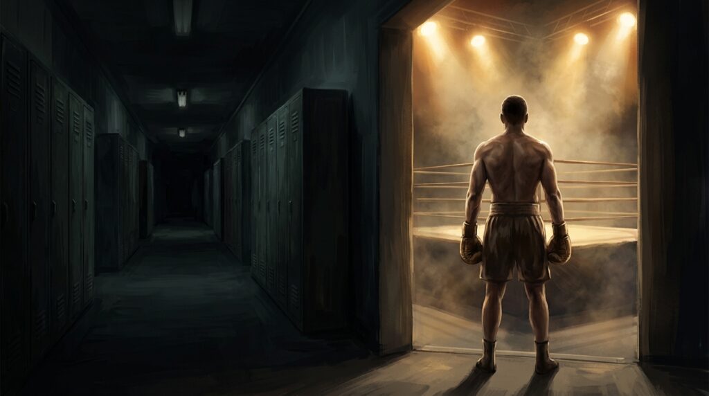 Ilustração mostra boxeador deixando um caminho seguro para entrar em um ringue iluminado.