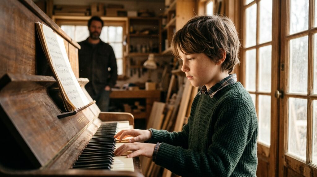 Jovem estudante com olhar compenetrado tocando piano acústico de madeira em sala iluminada por luz natural.