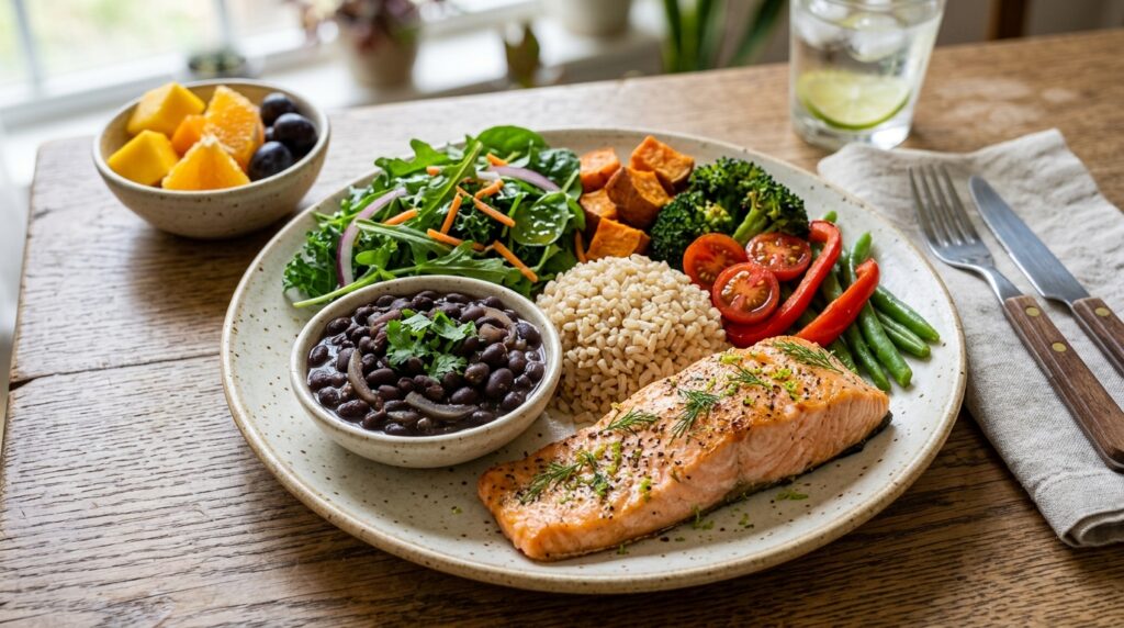Prato diversificado reúne arroz integral, feijão, vegetais e uma porção de proteína.