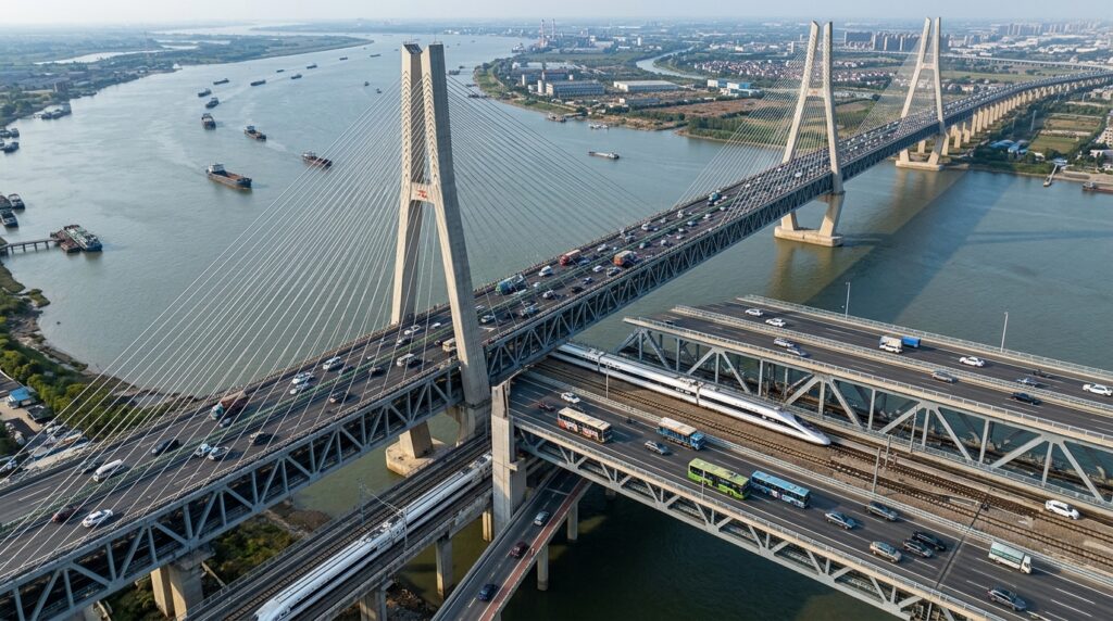 Ponte Changtai reúne trem, rodovia expressa e estrada convencional sobre o Rio Yangtzé.