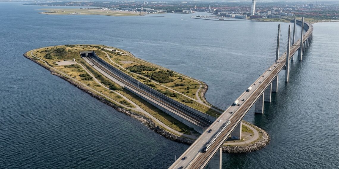 Ponte de Øresund atravessa o mar até a ilha artificial de Peberholm, onde a estrada entra no túnel de Drogden.