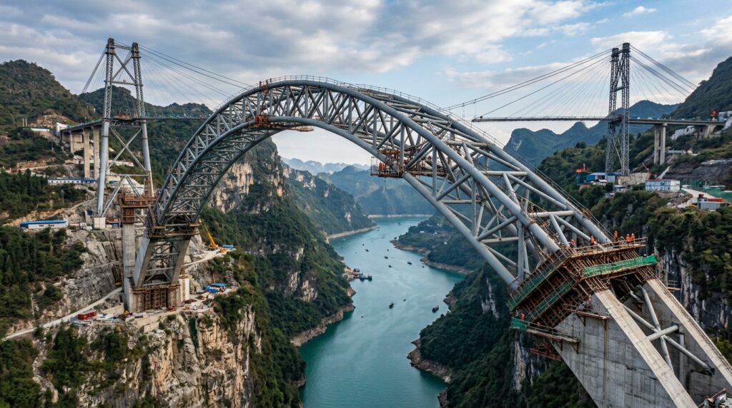 Treliça tubular de aço forma o enorme arco da ponte antes da conclusão das etapas de concretagem.