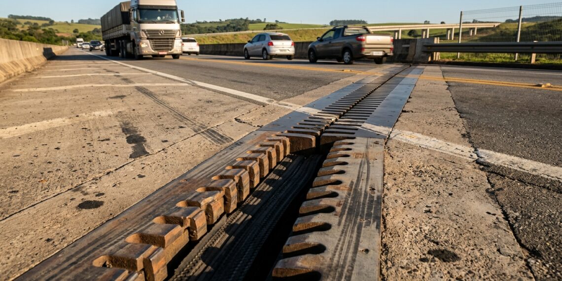 Junta de dilatação atravessa a pista de uma ponte e cria uma abertura calculada entre trechos do tabuleiro.