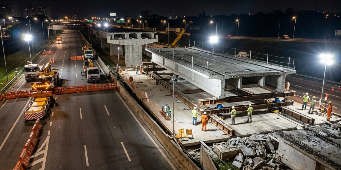 Ponte construída ao lado da rodovia é deslizada lateralmente para substituir a estrutura antiga.