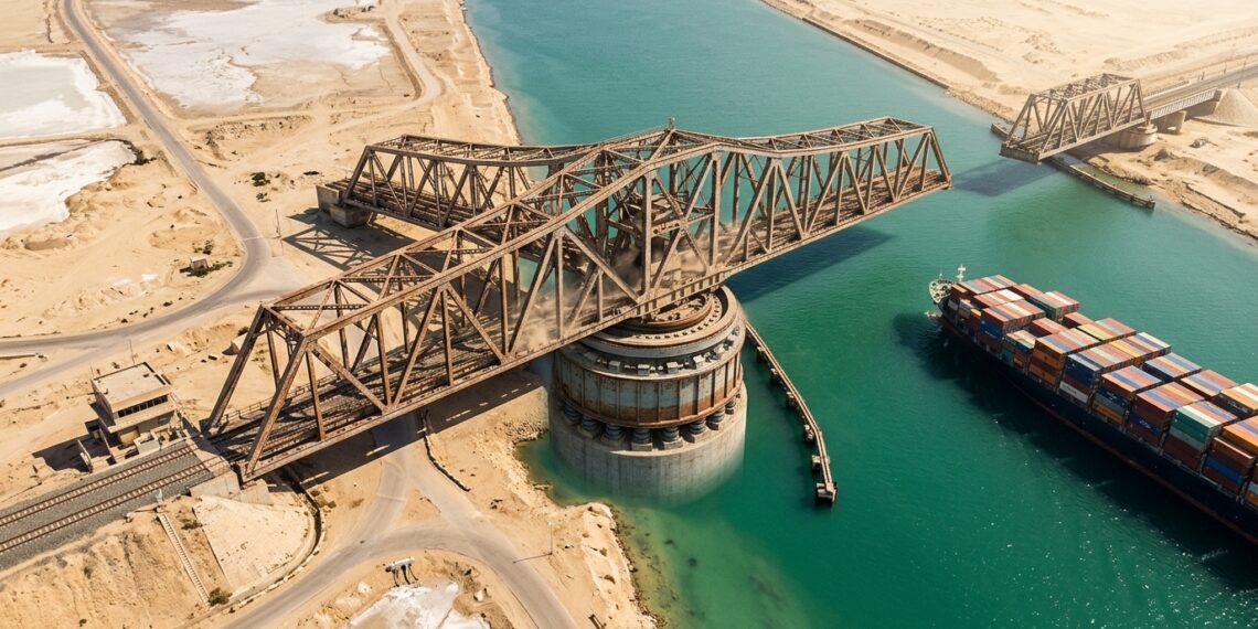 Ponte de El Ferdan gira 90 graus sobre um pilar central para liberar a passagem de navios no Canal de Suez.