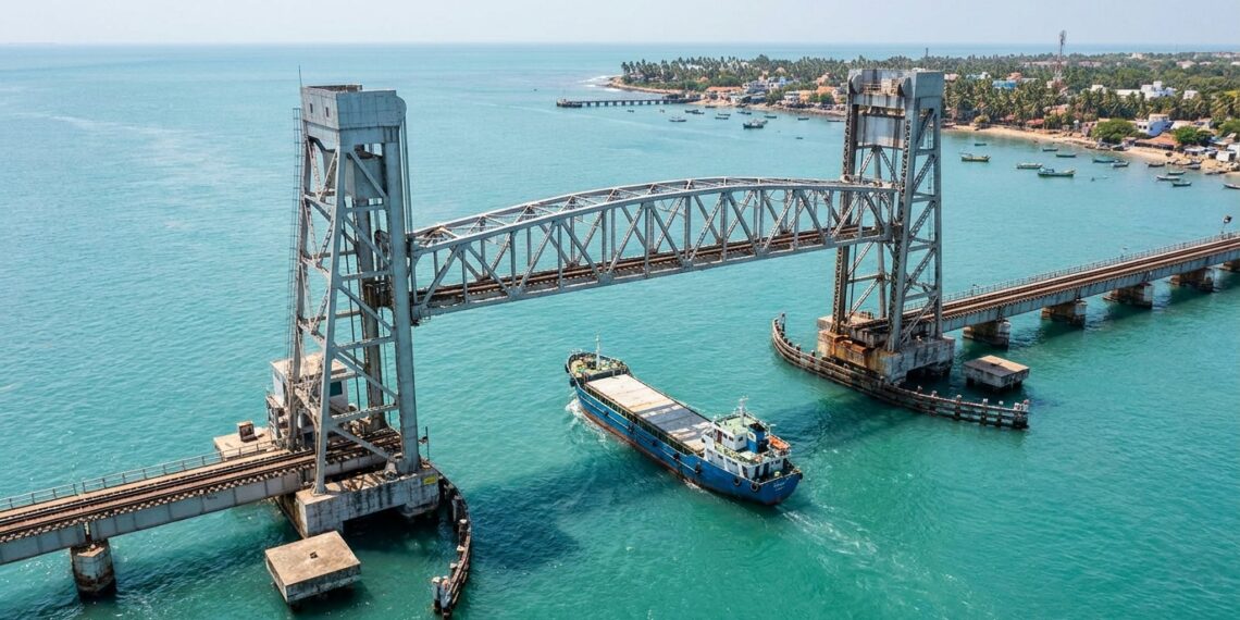 Vão ferroviário da Ponte Pamban elevado enquanto navio passa por baixo.