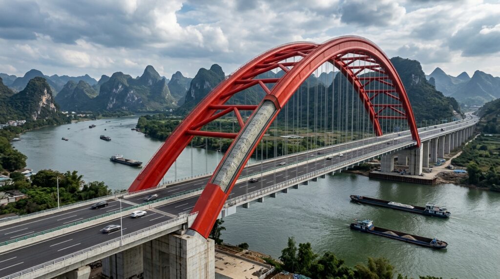 Ponte de 575 metros sobre o Rio Xun mostra grandes arcos formados por tubos de aço preenchidos com concreto.