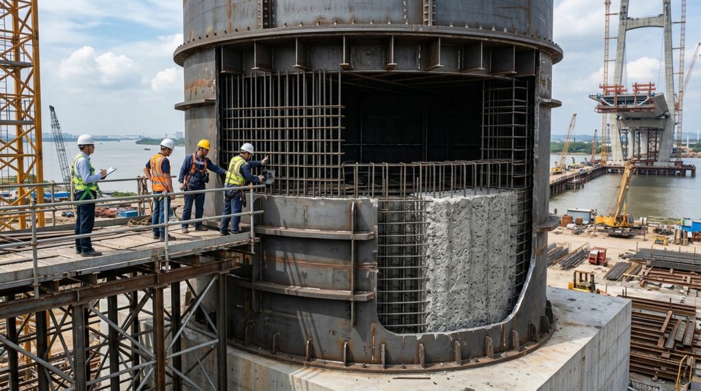 Corte mostra casca de aço integrada ao concreto no interior da torre.