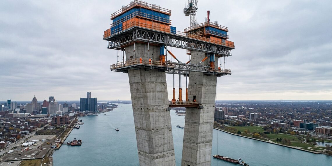 Sistema hidráulico de formas autoescaláveis permanece ancorado ao concreto já construído da torre.
