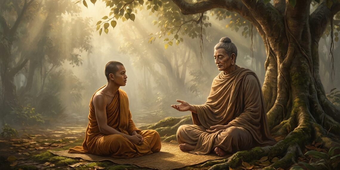 Ilustração editorial de Buda sentado sob a árvore Bodhi ensinando um discípulo em meio a uma névoa matinal iluminada pelo sol