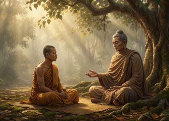 Ilustração editorial de Buda sentado sob a árvore Bodhi ensinando um discípulo em meio a uma névoa matinal iluminada pelo sol