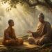Ilustração editorial de Buda sentado sob a árvore Bodhi ensinando um discípulo em meio a uma névoa matinal iluminada pelo sol