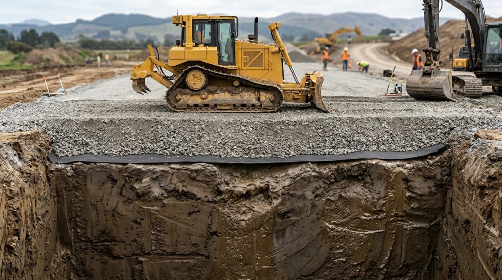 Corte do terreno mostra aterro granular, manta geotêxtil e solo mole abaixo de um trator.