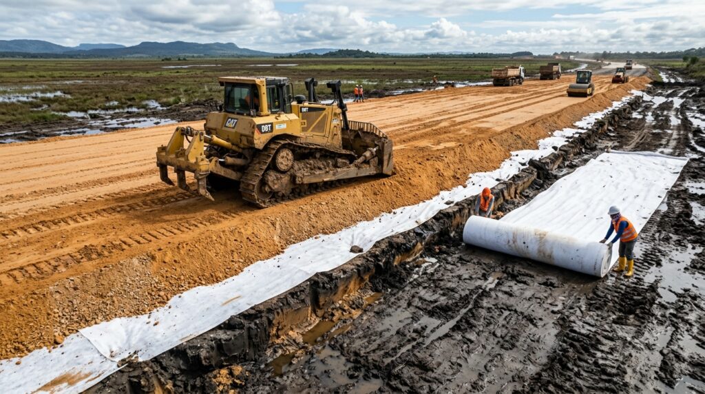 Trator trabalha sobre camada de aterro construída sobre geotêxtil em terreno mole e encharcado.