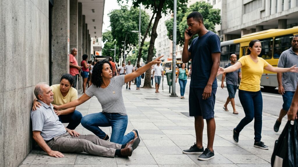 Pessoa aponta para uma testemunha específica durante uma emergência e pede que ela chame ajuda.