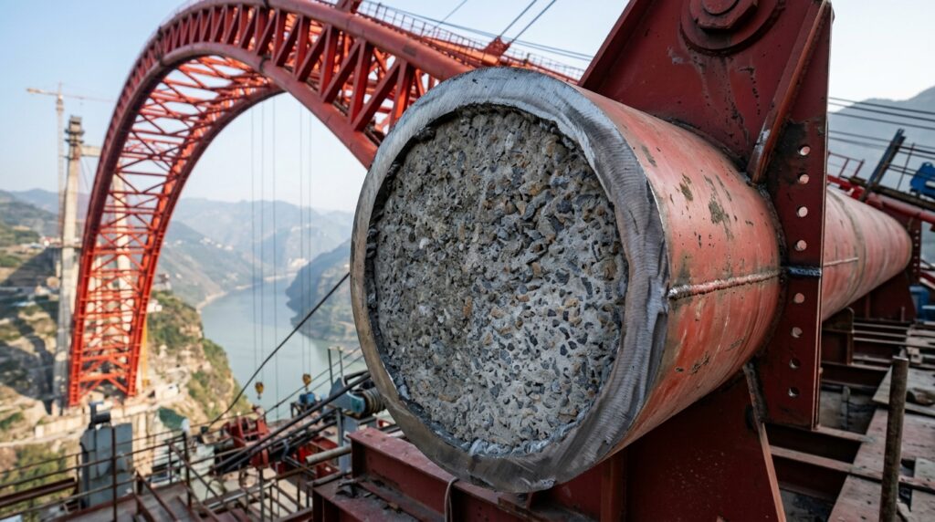Corte de um tubo estrutural mostra o aço externo envolvendo o núcleo de concreto usado no arco da ponte.